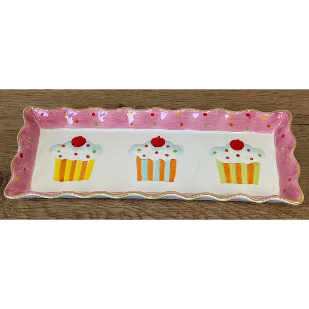 Cupcake Collection by Joy Serving Tray Pink White Polka Dot Ceramic Platter
